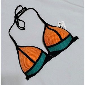 NWT Apparel America Women's Teal Orange Black Color block Bikini Top SZ Small